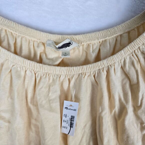 Madewell Boatneck Bubble Hem Tee Women Yellow Cotton Linen Large Top Shirred - Picture 8 of 10